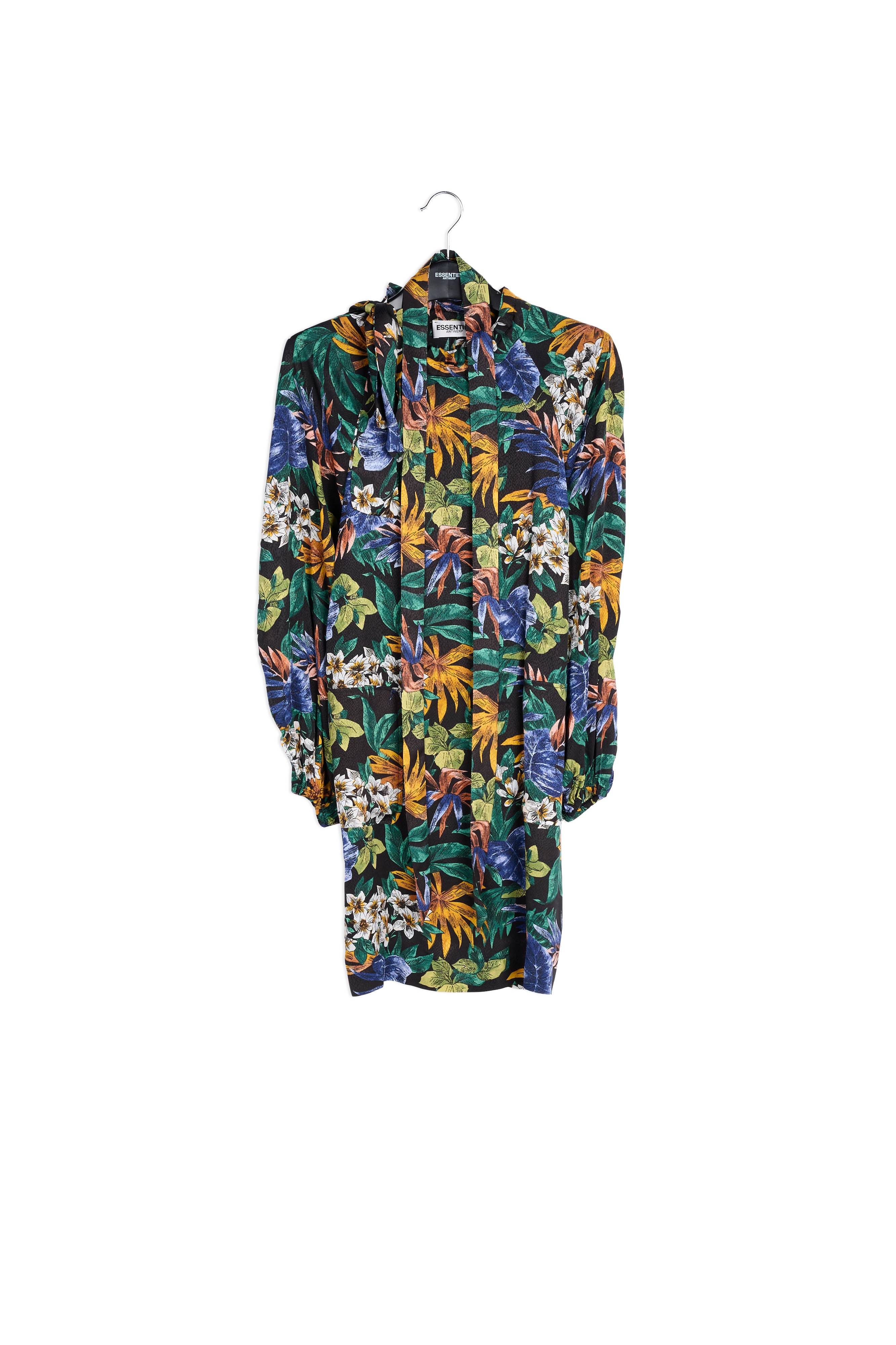 Black floral-print mini dress with pussy-bow RE—SSENTIEL | Essentiel second hand