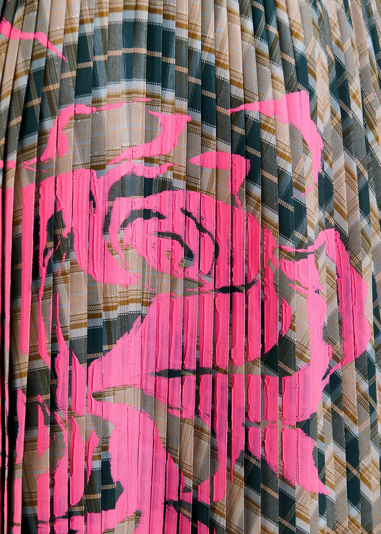 Beige and dark green checked pleated skirt with floral print RE—SSENTIEL | Essentiel second hand