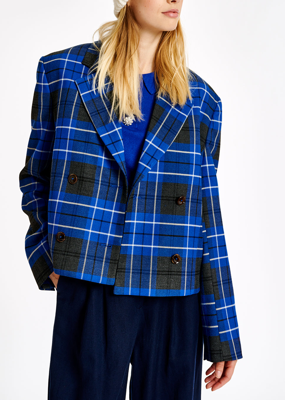 Blue check cropped-fit blazer RE—SSENTIEL | Essentiel second hand