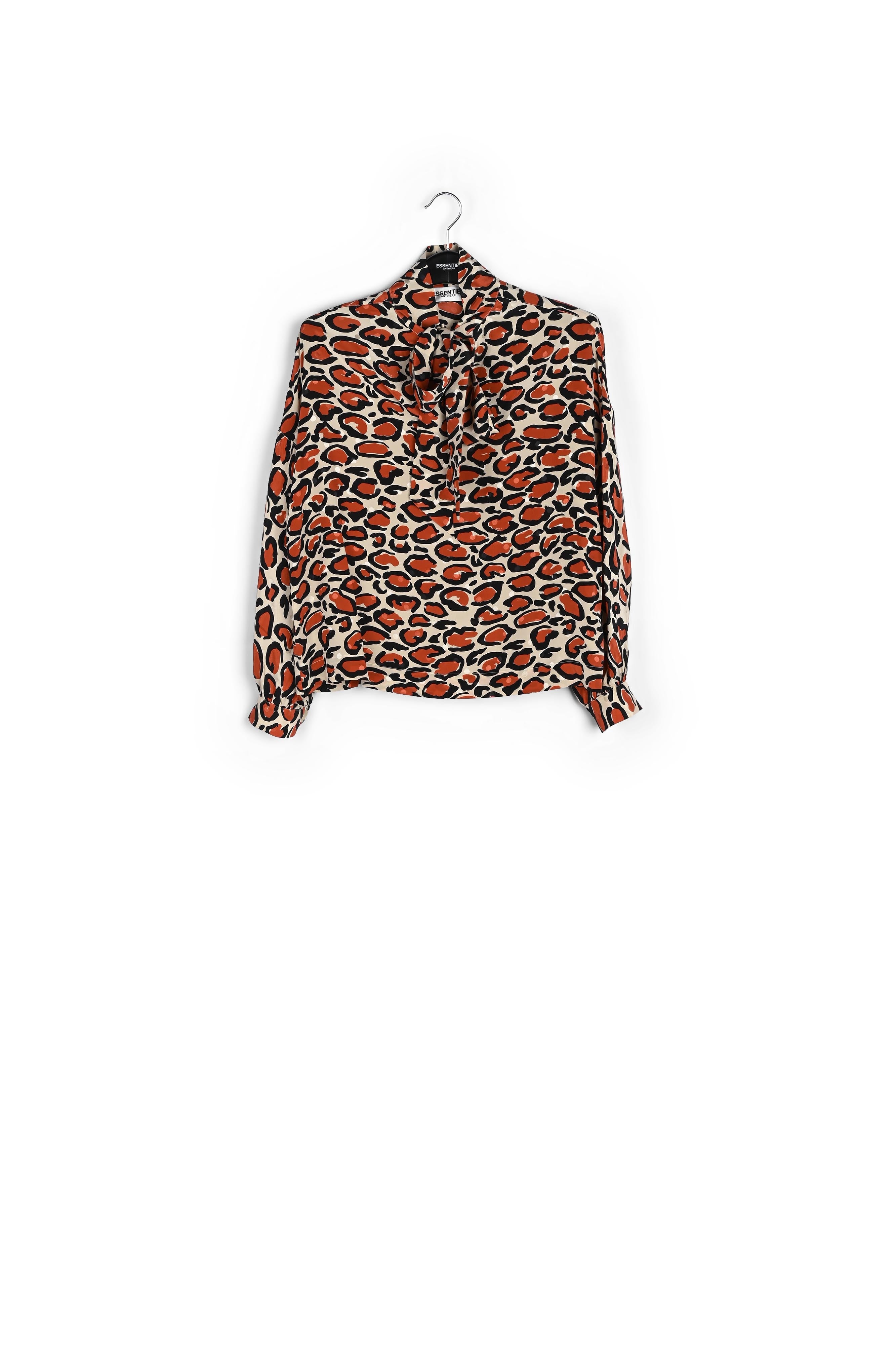 Gebroken wit zijden hemd met strikkraag en luipaardprint RE—SSENTIEL | Essentiel second hand