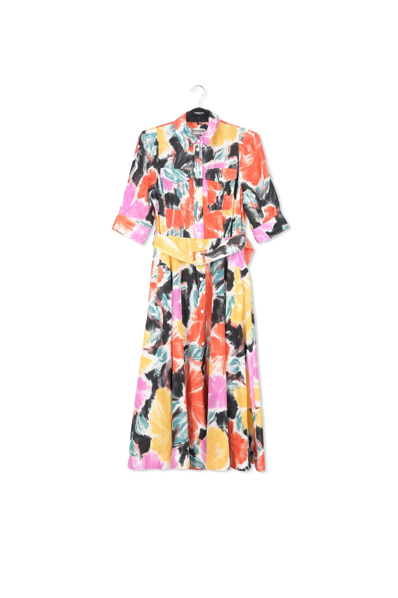 Robe chemise midi à  imprimé fleuri noir, orange et jaune RE—SSENTIEL | Essentiel second hand