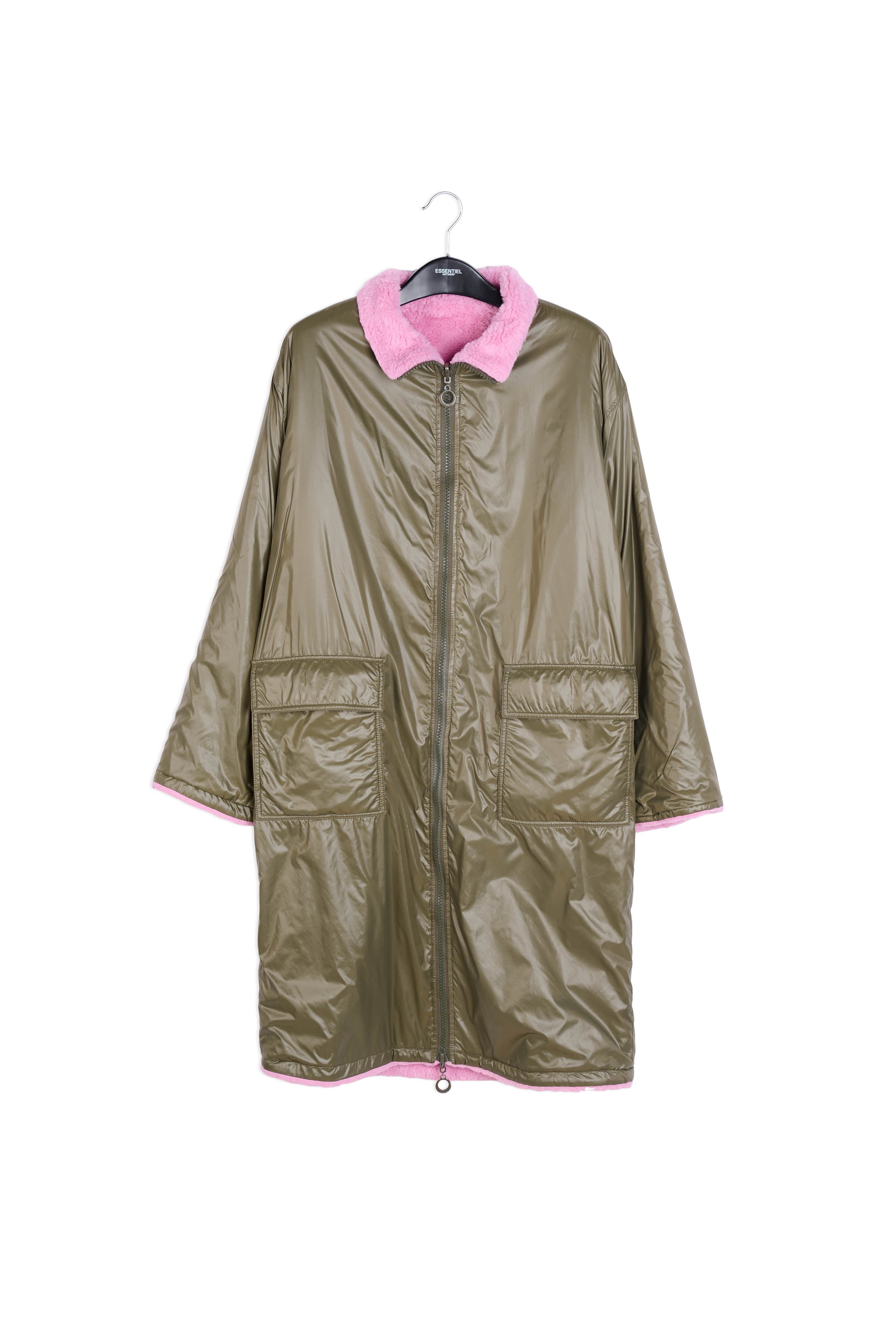 Khaki green and pink reversible faux fur coat RE—SSENTIEL | Essentiel second hand