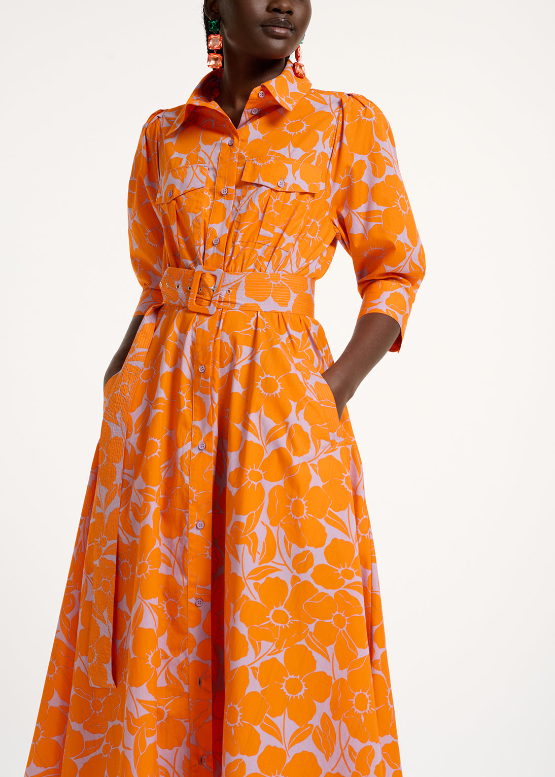 Robe chemise midi à imprimé fleuri orange et lilas RE—SSENTIEL | Essentiel second hand