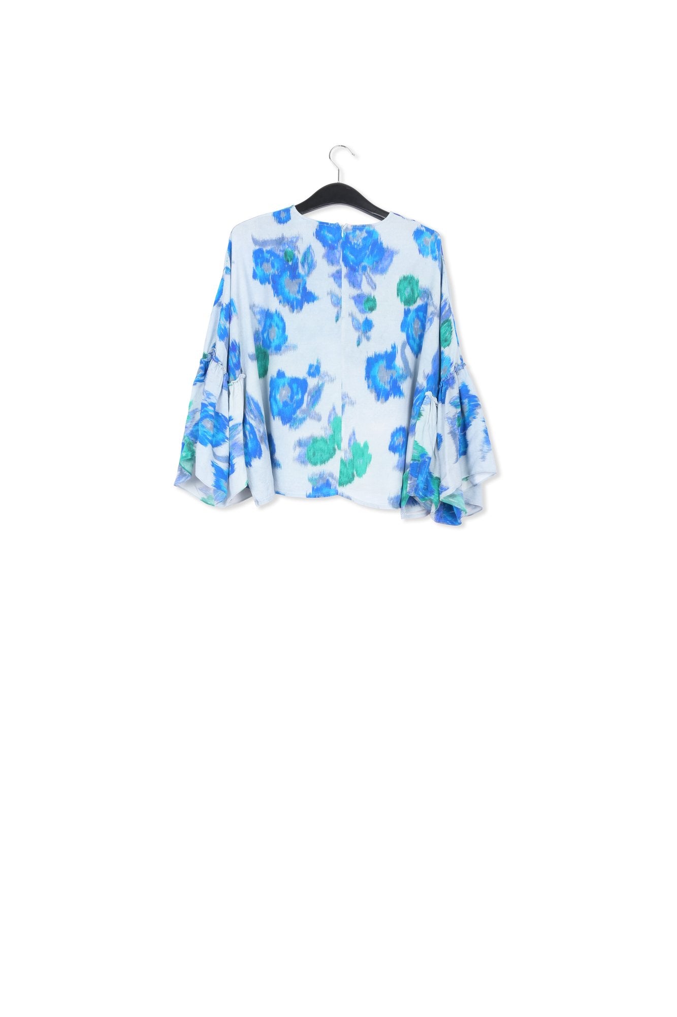 Light blue, blue and green floral printed top with ruffled sleeves RE—SSENTIEL | Essentiel second hand