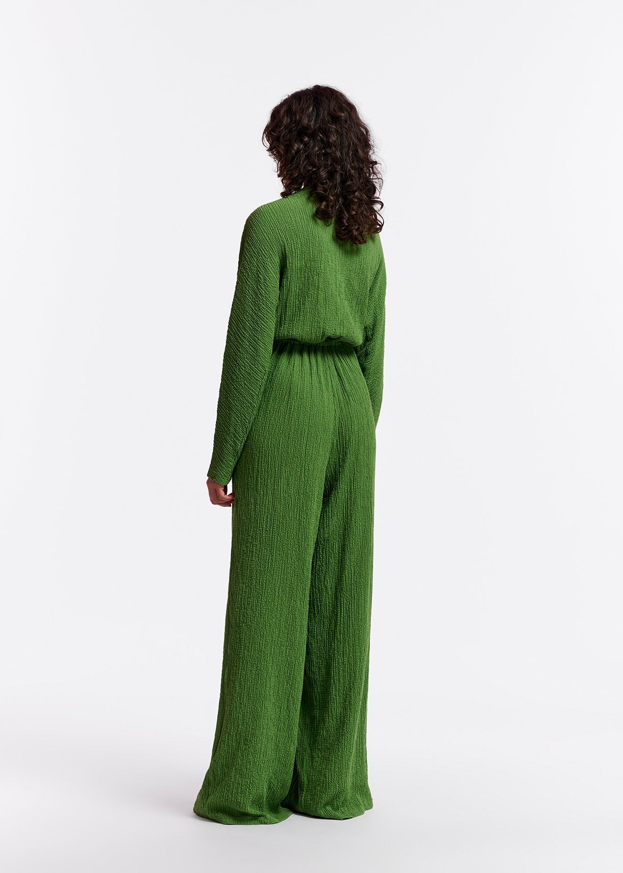 Dark green seersucker jumpsuit with tied front RE—SSENTIEL | Essentiel second hand