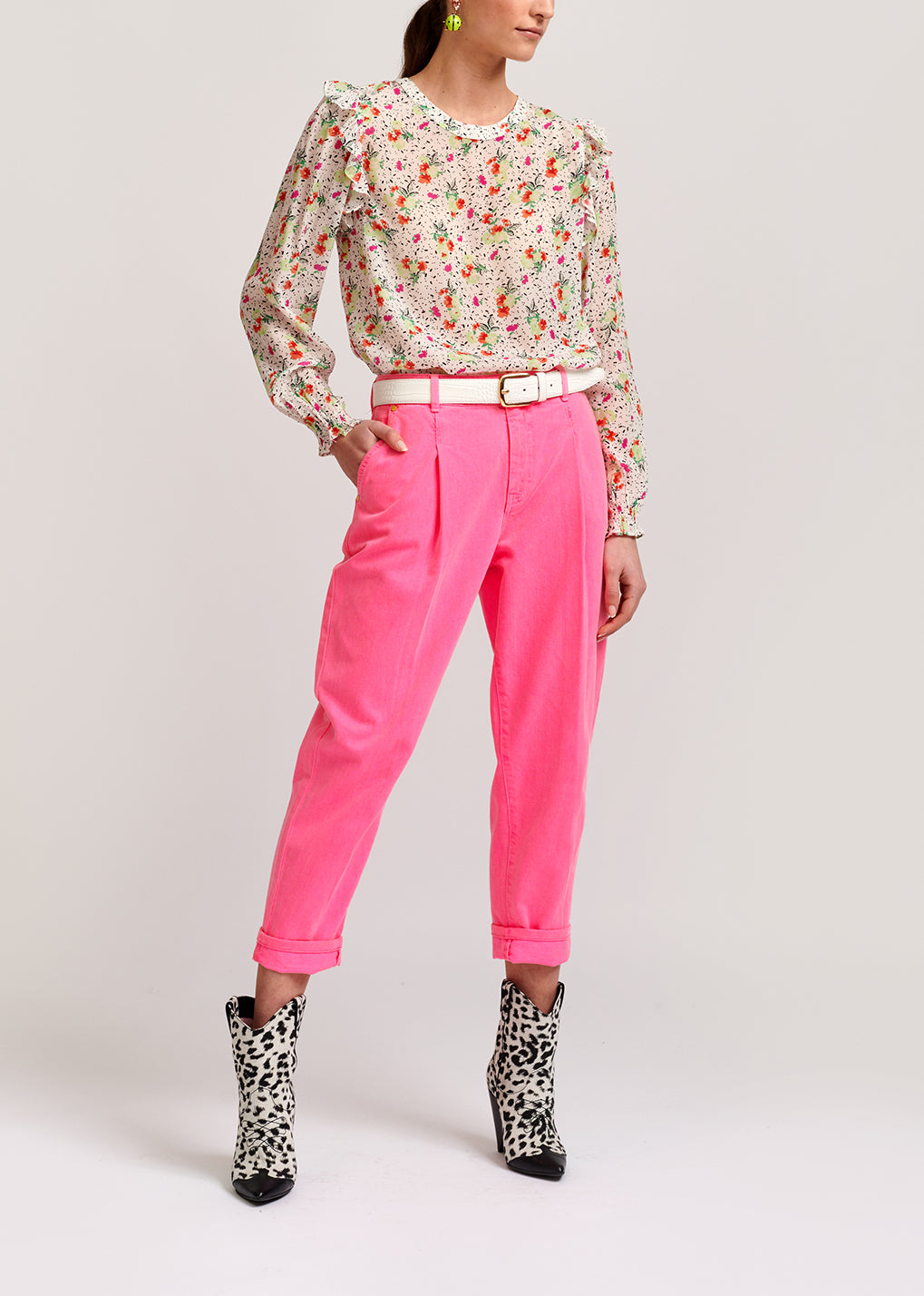 Off-white floral-print frilled top RE—SSENTIEL | Essentiel second hand