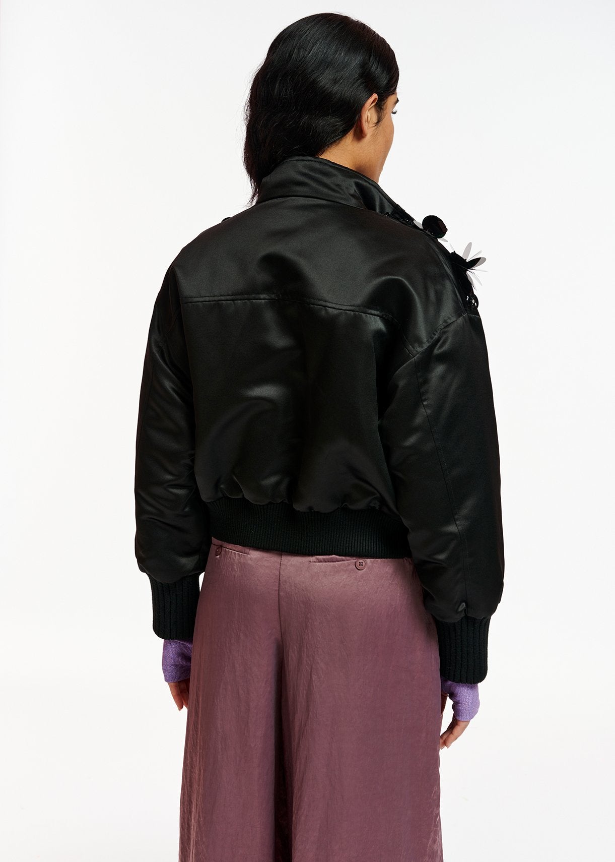 Black satin bomber jacket with sequin embellishments RE—SSENTIEL | Essentiel second hand