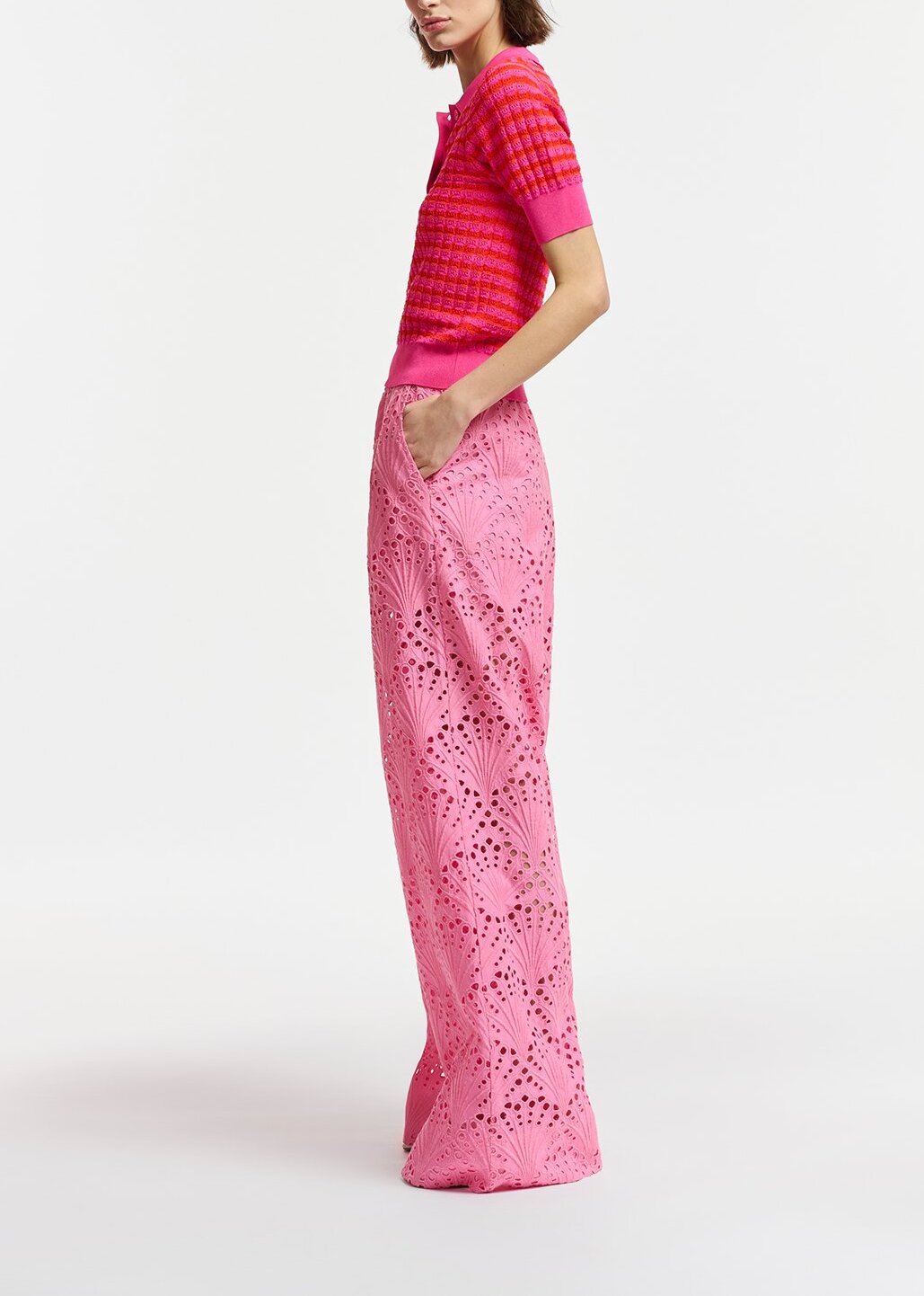 Pink and red striped knitted polo top RE—SSENTIEL | Essentiel second hand