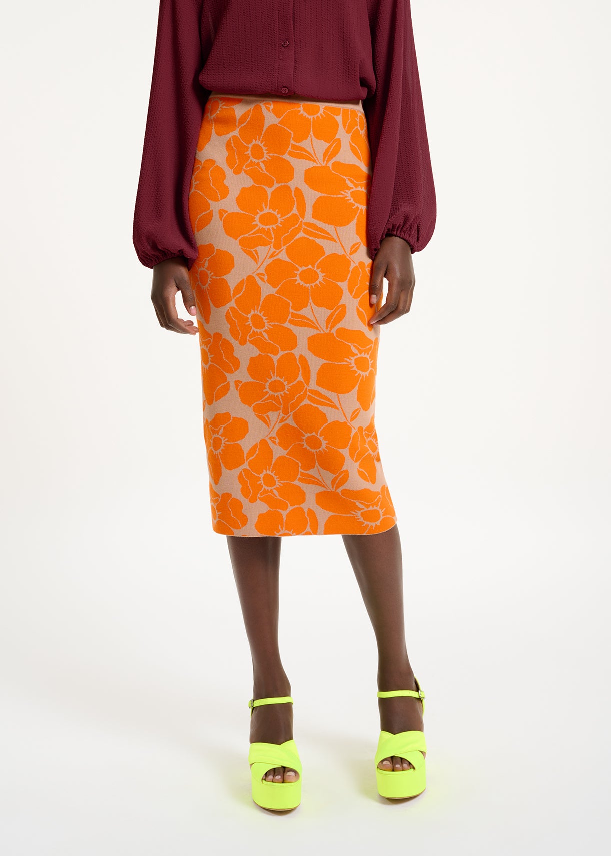 Beige and orange floral jacquard-knit midi skirt RE—SSENTIEL | Essentiel second hand