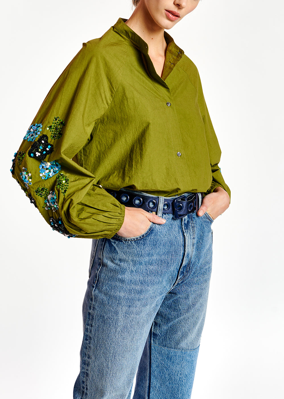 Kakigroen hemd met pailletten RE—SSENTIEL | Essentiel second hand