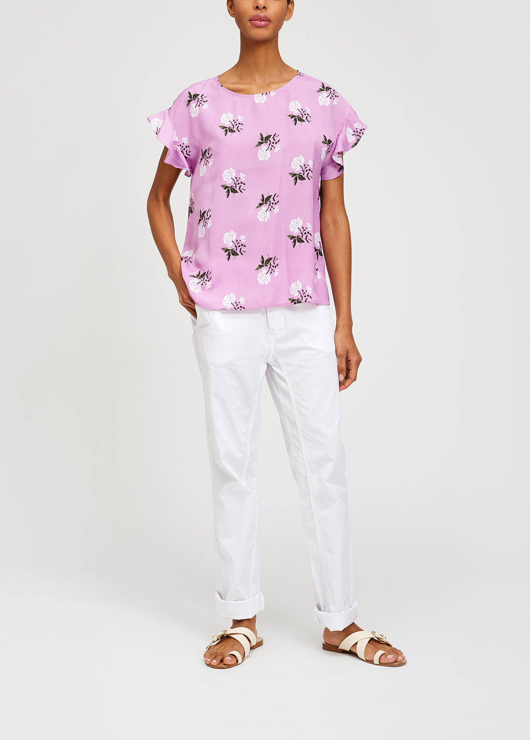 Pink flower print top with ruffled sleeves RE—SSENTIEL | Essentiel second hand