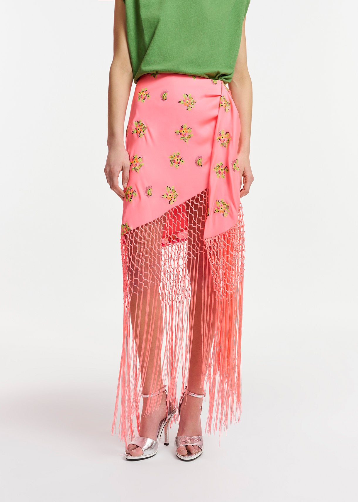 Peach embroidered front-tie mini skirt with fringes RE—SSENTIEL | Essentiel second hand