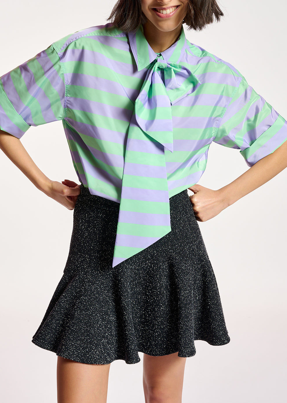 Lilac and mint green striped shirt with pussy bow RE—SSENTIEL | Essentiel second hand