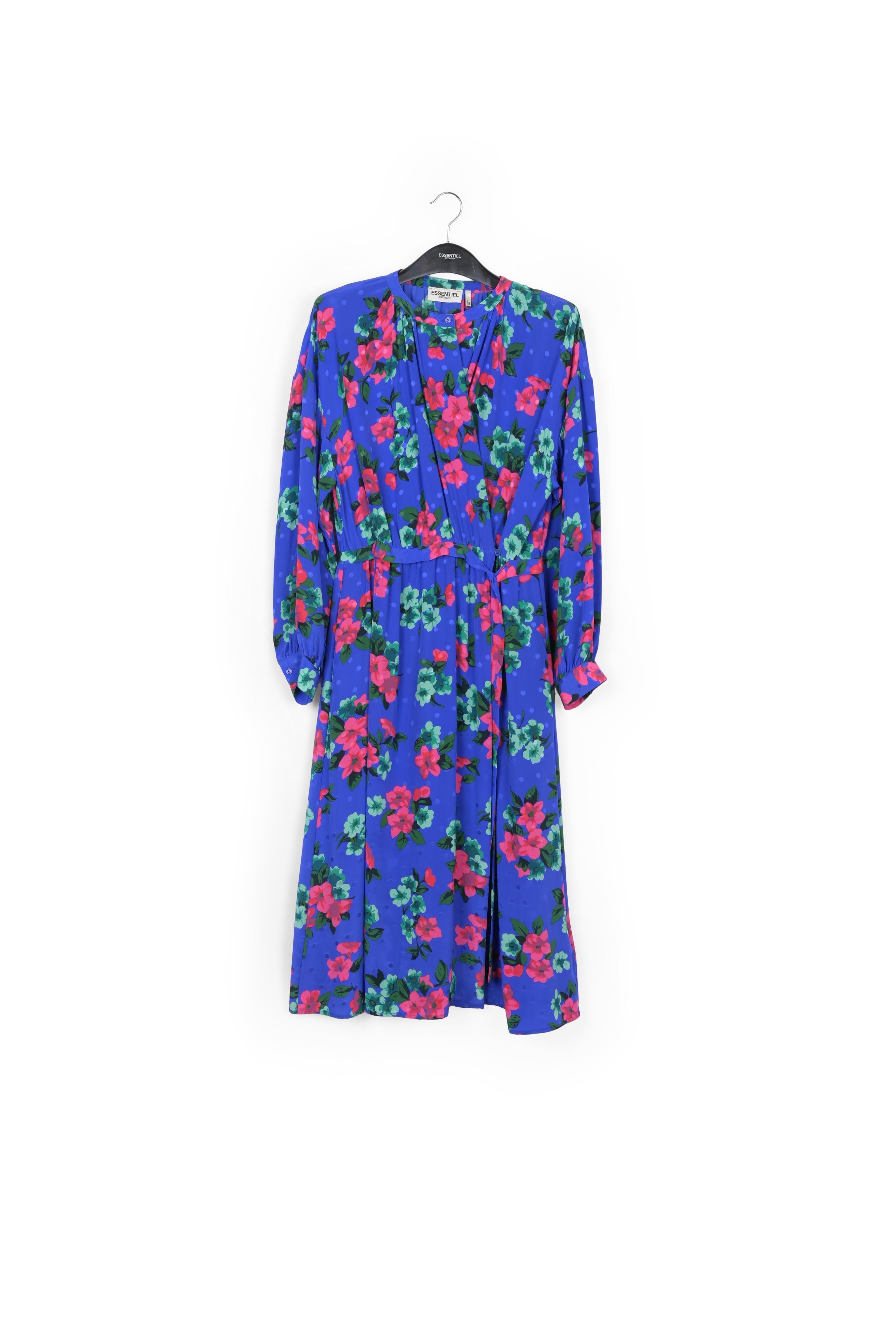 Robe chemise bleu foncé en soie à fleurs et à pois RE—SSENTIEL | Essentiel second hand