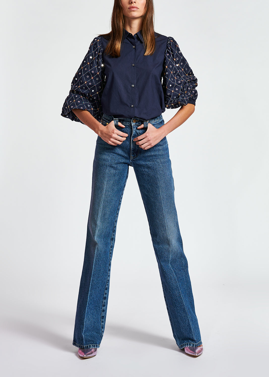Dark blue mirror-embroidered puffed-sleeve shirt RE—SSENTIEL | Essentiel second hand