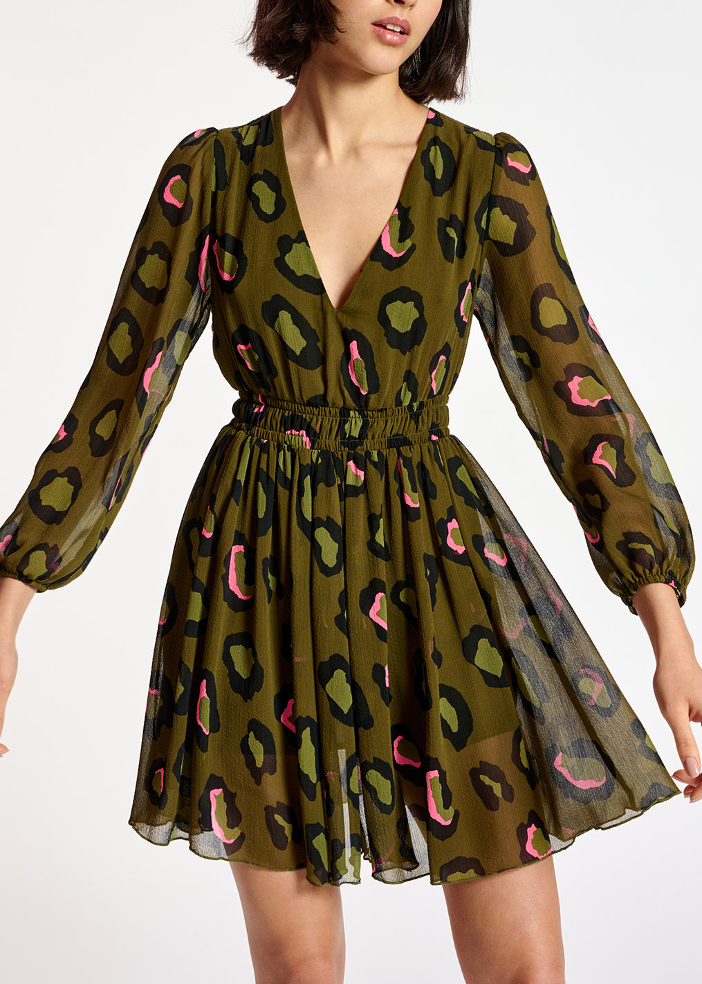 Kaki mini-jurk met luipaardprint RE—SSENTIEL | Essentiel second hand