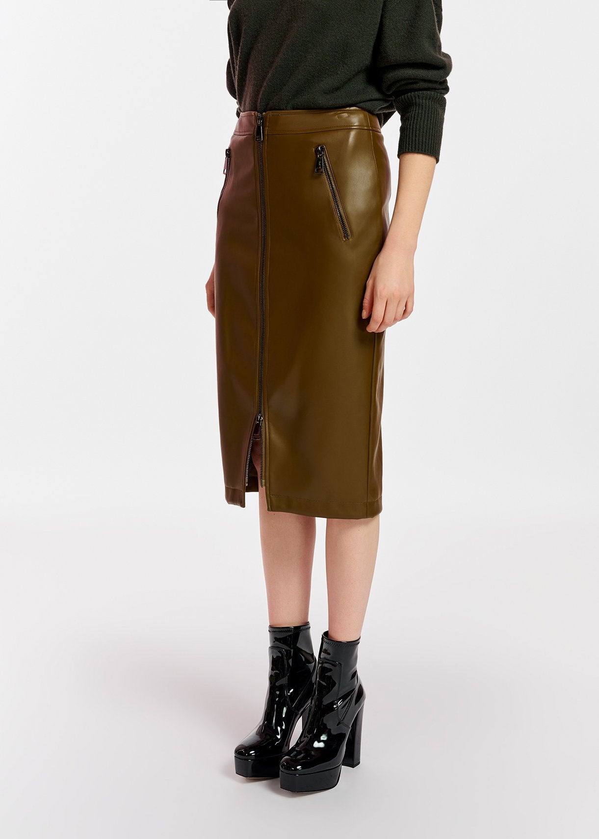 Khaki faux leather pencil skirt RE—SSENTIEL | Essentiel second hand