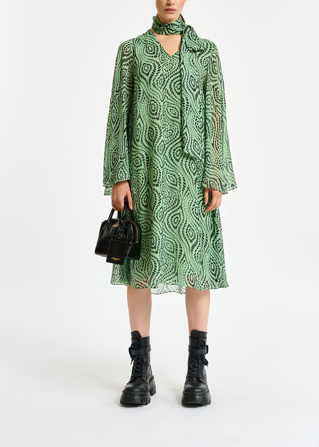 Mint green midi-length dress with geometric print RE—SSENTIEL | Essentiel second hand