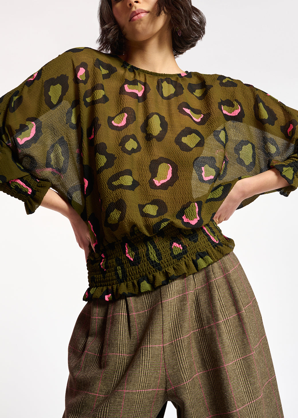 Khaki smocked top with leopard print RE—SSENTIEL | Essentiel second hand
