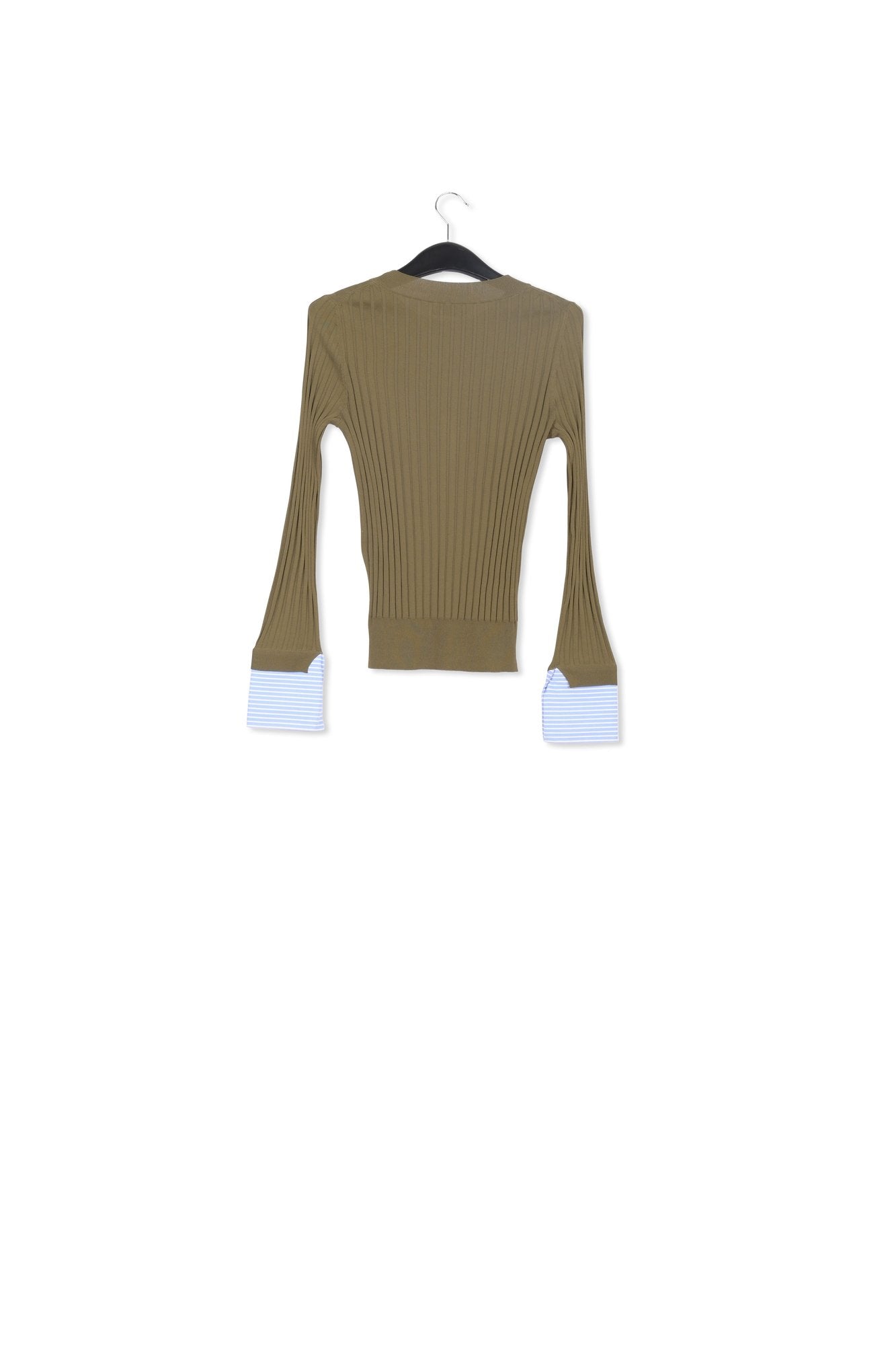 Khaki rib-knitted sweater with striped cuffs RE—SSENTIEL | Essentiel second hand