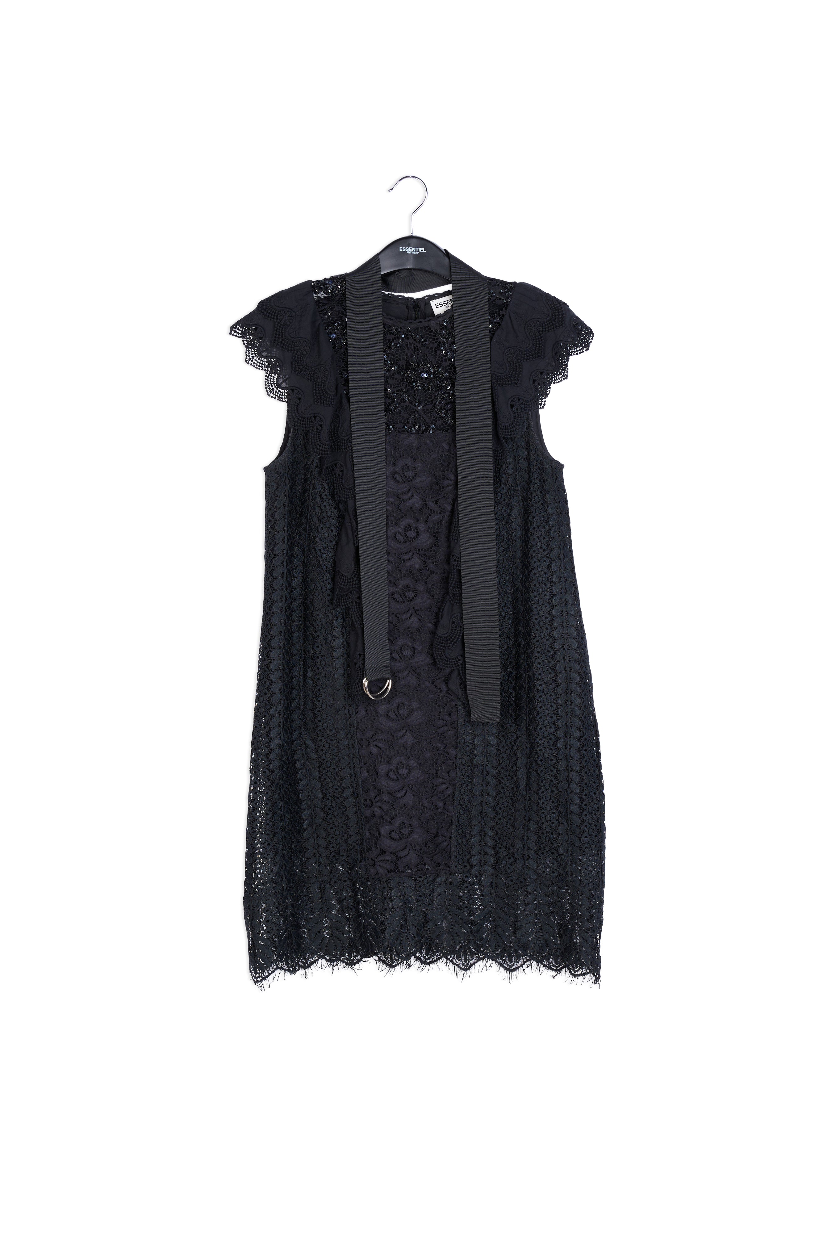 Black ruffled lace belted dress with sequins RE—SSENTIEL | Essentiel second hand