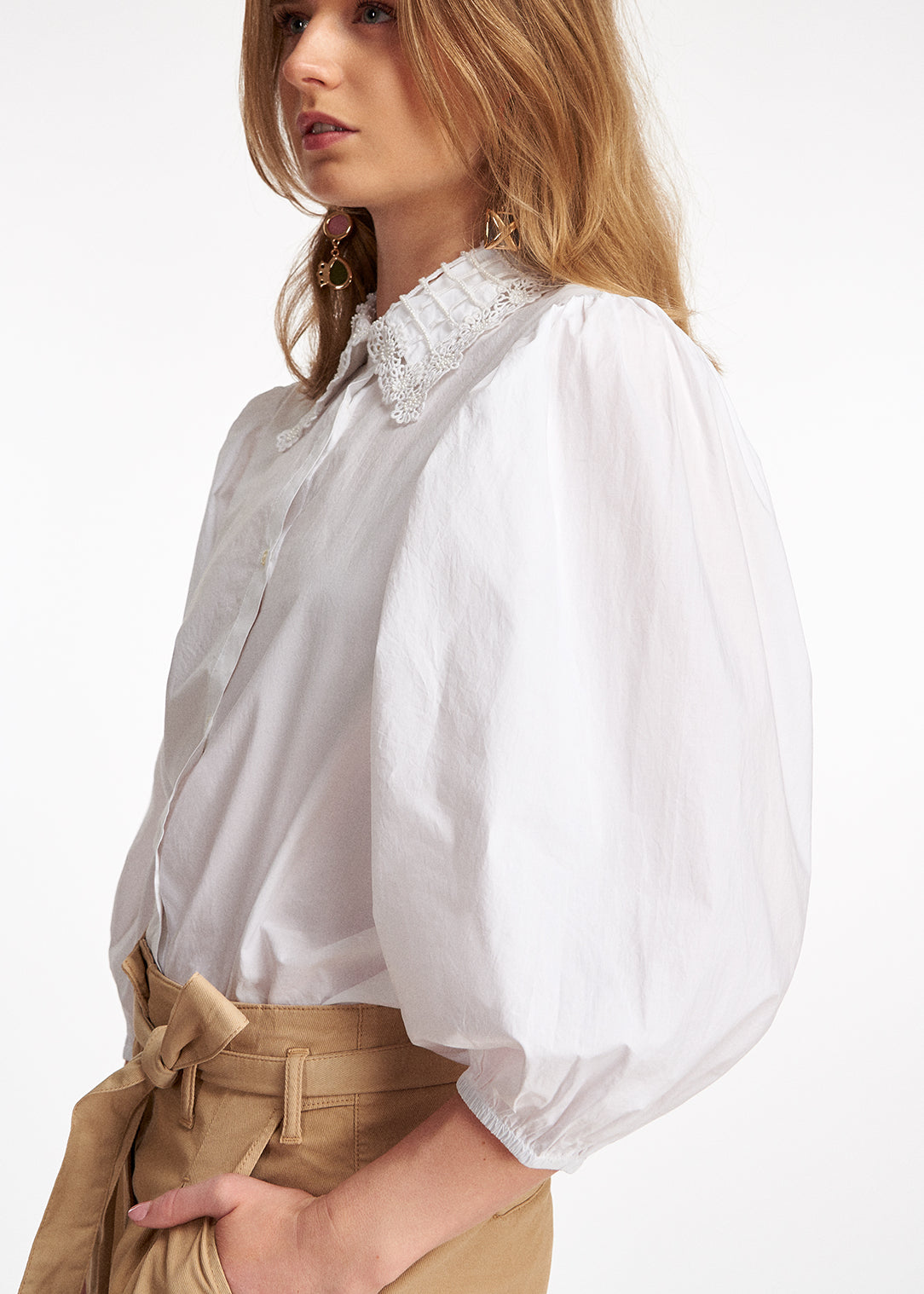 White cotton-poplin shirt with lace collar RE—SSENTIEL | Essentiel second hand