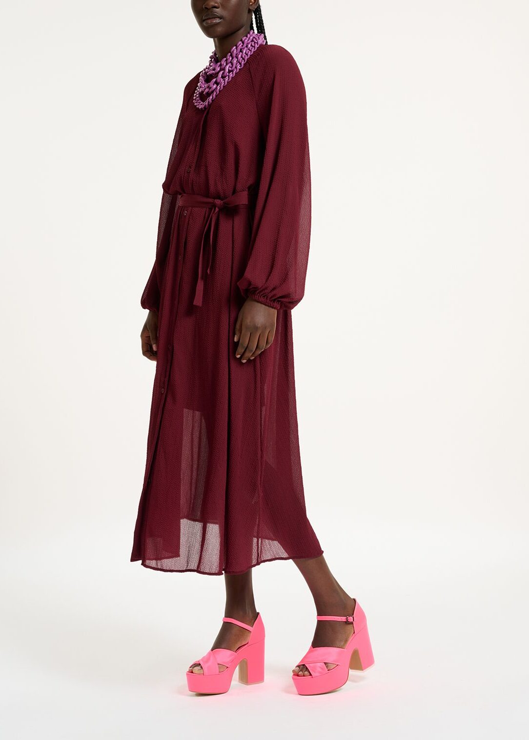 Robe chemise midi bordeaux avec ceinture RE—SSENTIEL | Essentiel second hand