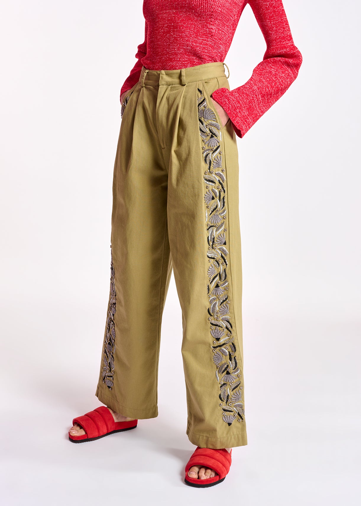 Khaki cotton wide-leg pants with bead embroidery RE—SSENTIEL | Essentiel second hand