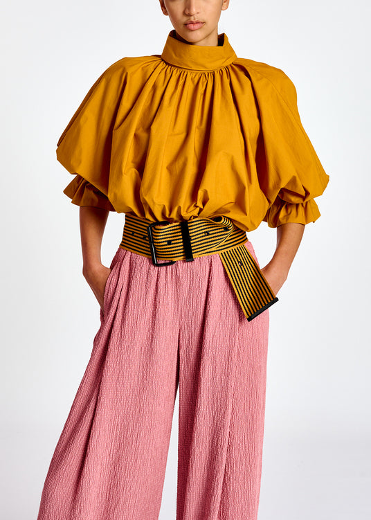 Ochre voluminous cotton top with high collar RE—SSENTIEL | Essentiel second hand