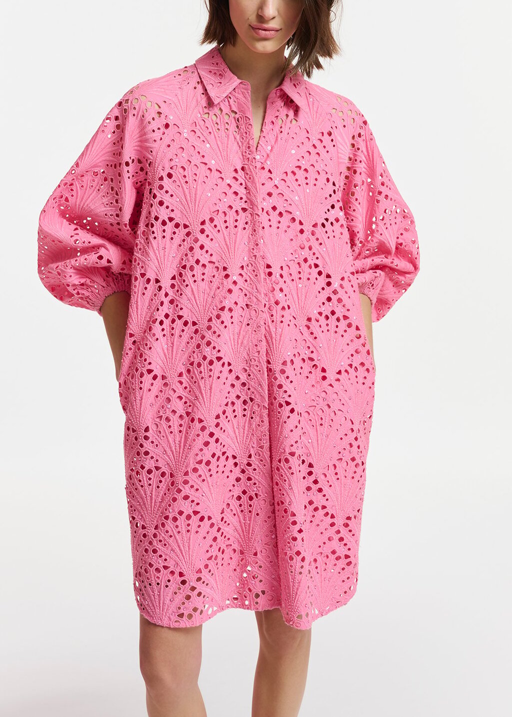 Pink broderie anglaise cotton knee-length dress RE—SSENTIEL | Essentiel second hand