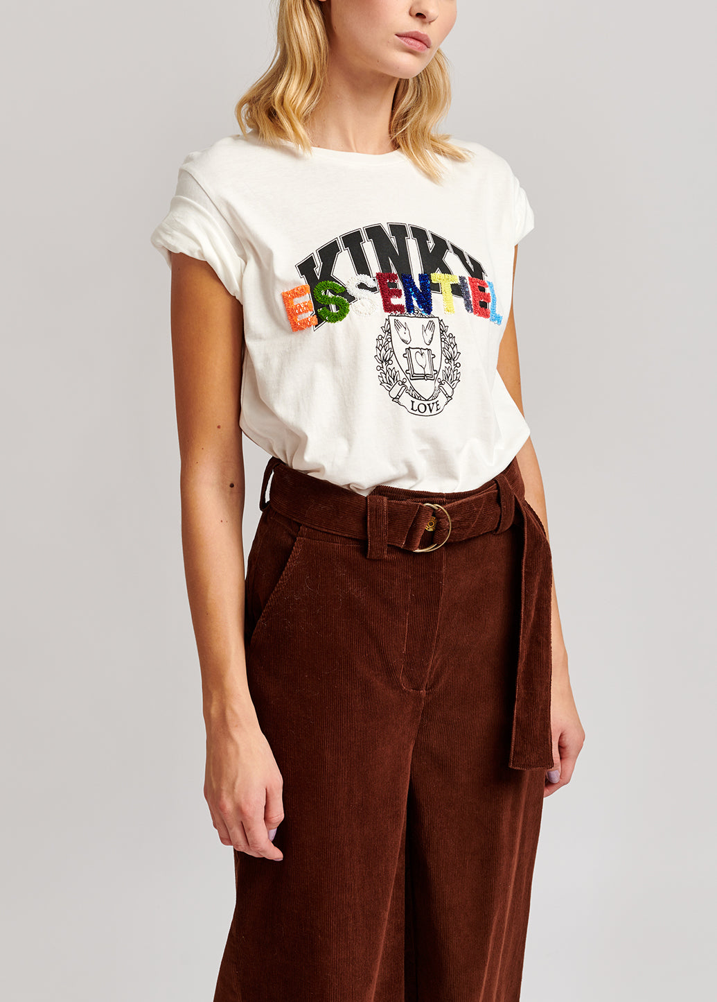 Off-white cotton-jersey t-shirt with varsity print and sequins RE—SSENTIEL | Essentiel second hand