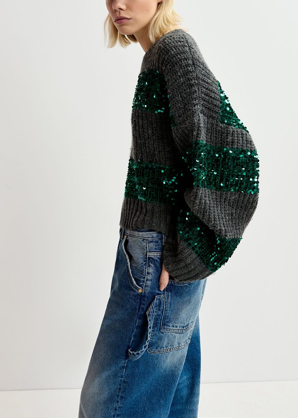 Dark grey and dark green knit sweater with sequin-embellished stripes RE—SSENTIEL | Essentiel second hand