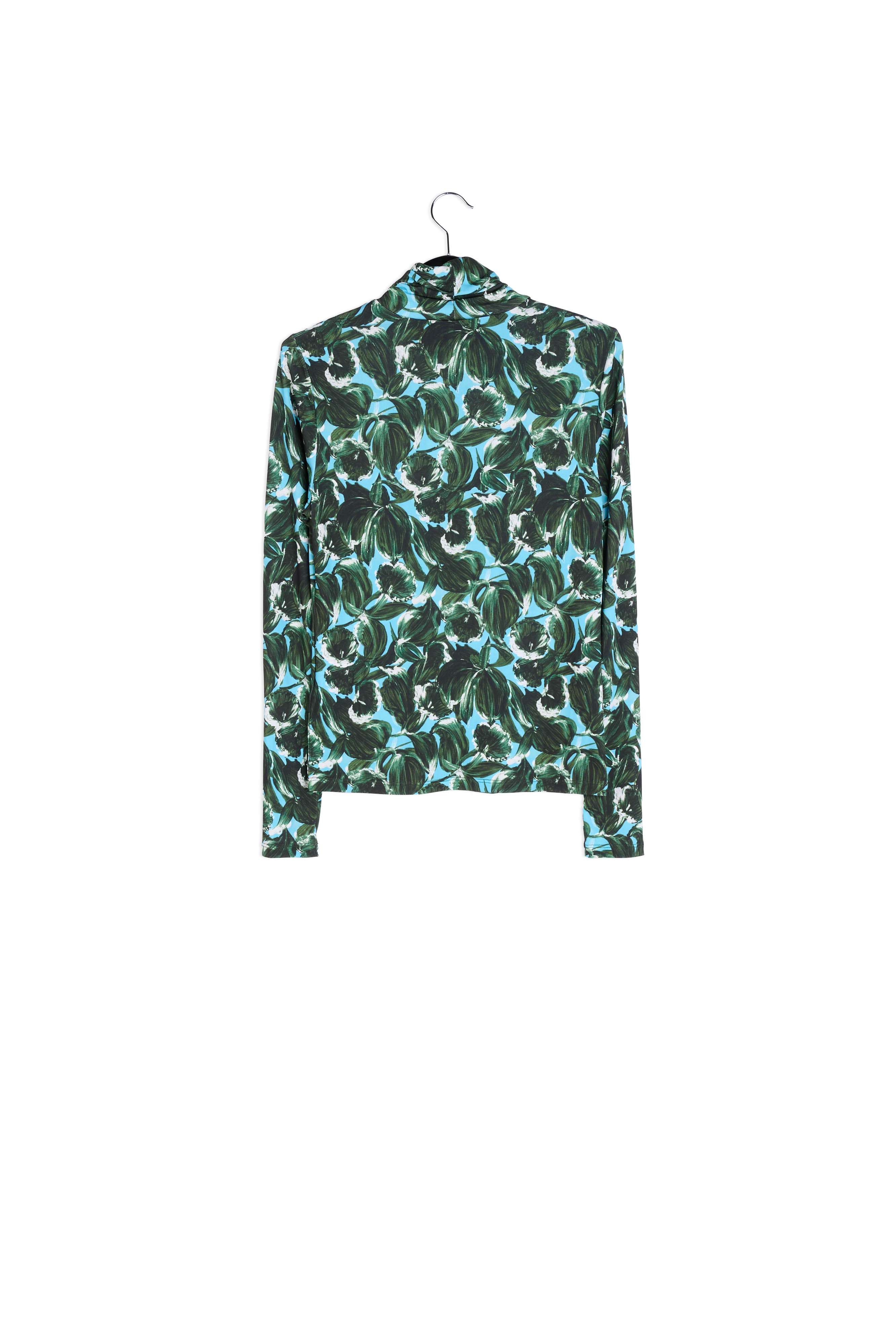 Blue and dark green leaf-print turtleneck top RE—SSENTIEL | Essentiel second hand
