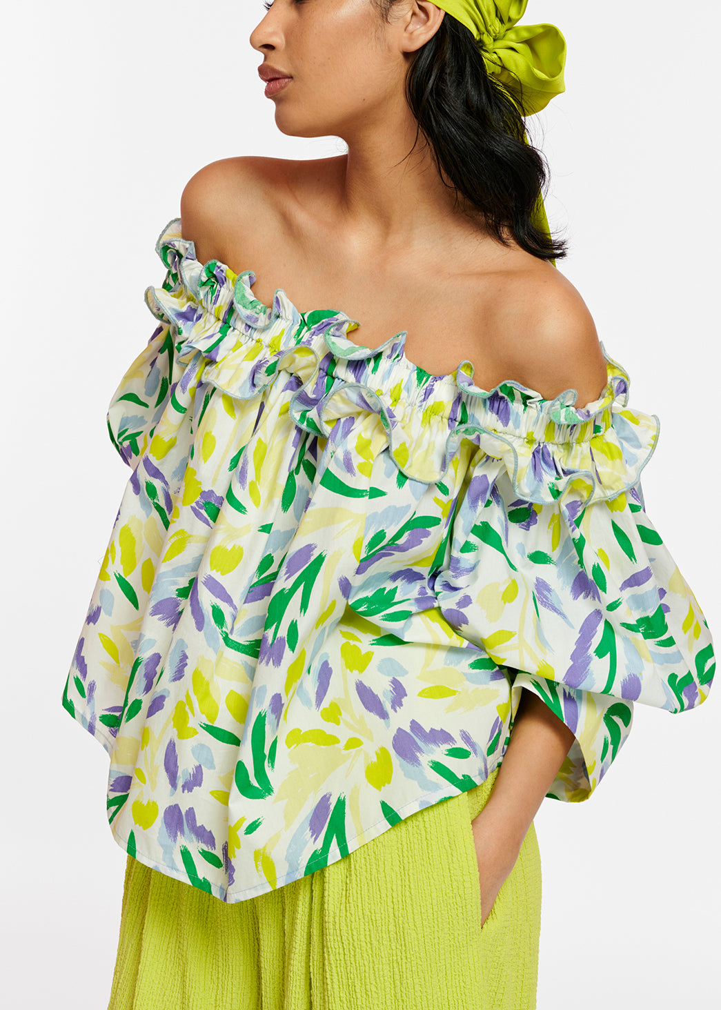 Top met blote schouders en witte, gele en paarse bloemenprint RE—SSENTIEL | Essentiel second hand