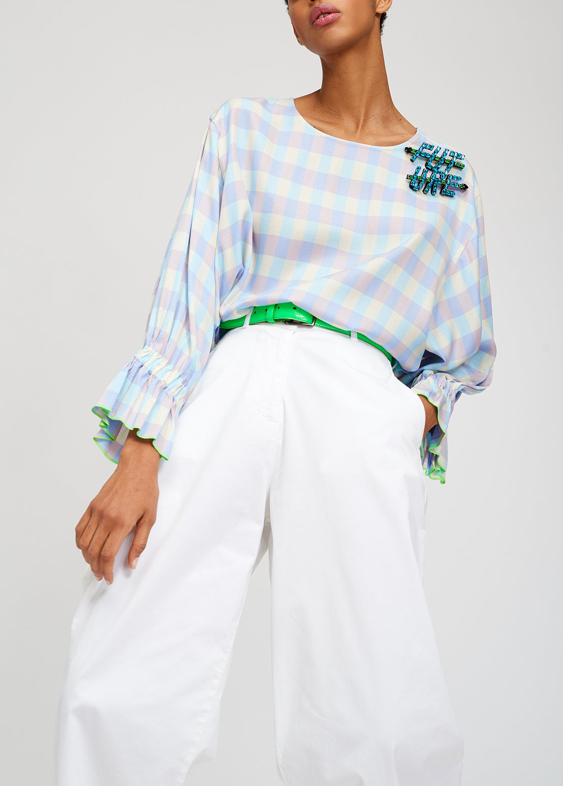 Light blue and purple plaid top with three-quarter sleeves RE—SSENTIEL | Essentiel second hand