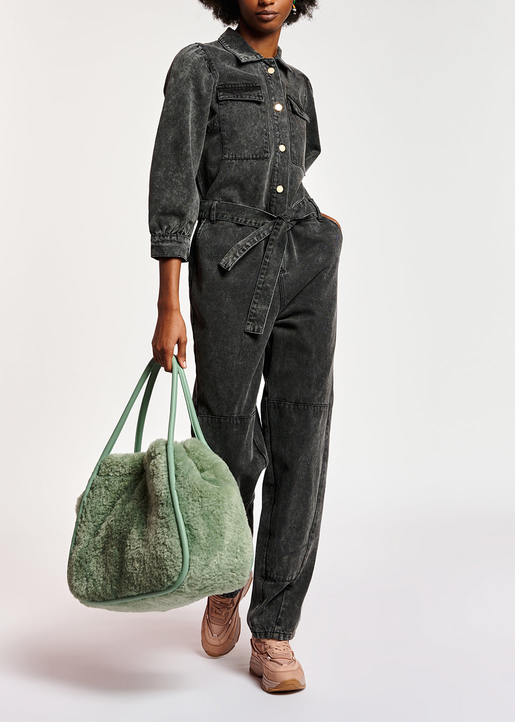 Dark grey belted denim jumpsuit RE—SSENTIEL | Essentiel second hand