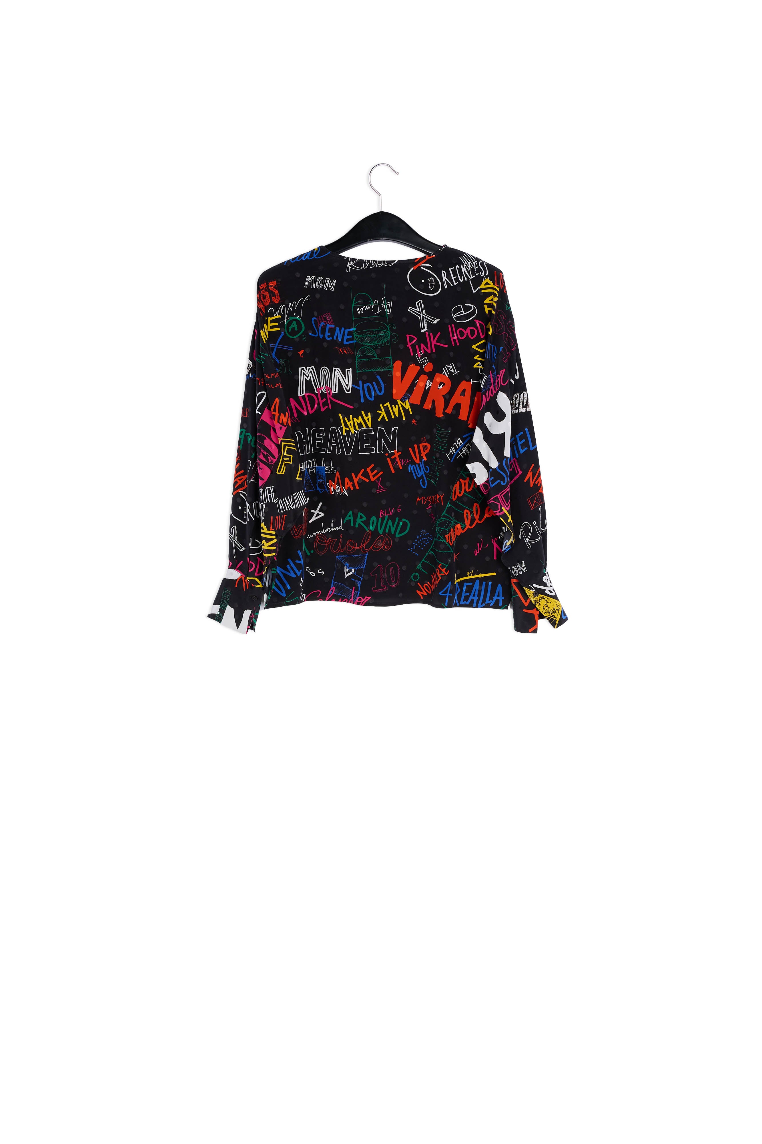 Black silk top with colorful tekst print RE—SSENTIEL | Essentiel second hand