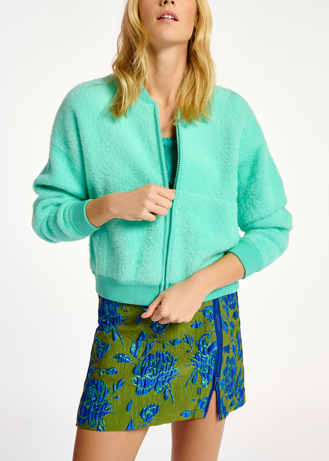 Blouson aviateur turquoise en tricot pelucheux RE—SSENTIEL | Essentiel second hand