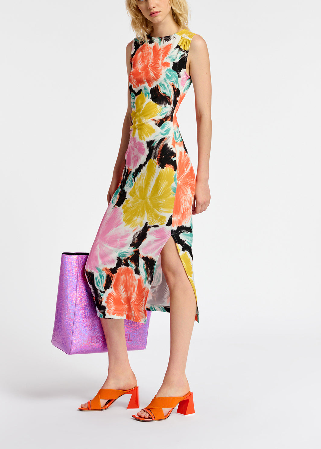 Robe midi en jersey à imprimé fleuri noir, orange et jaune RE—SSENTIEL | Essentiel second hand