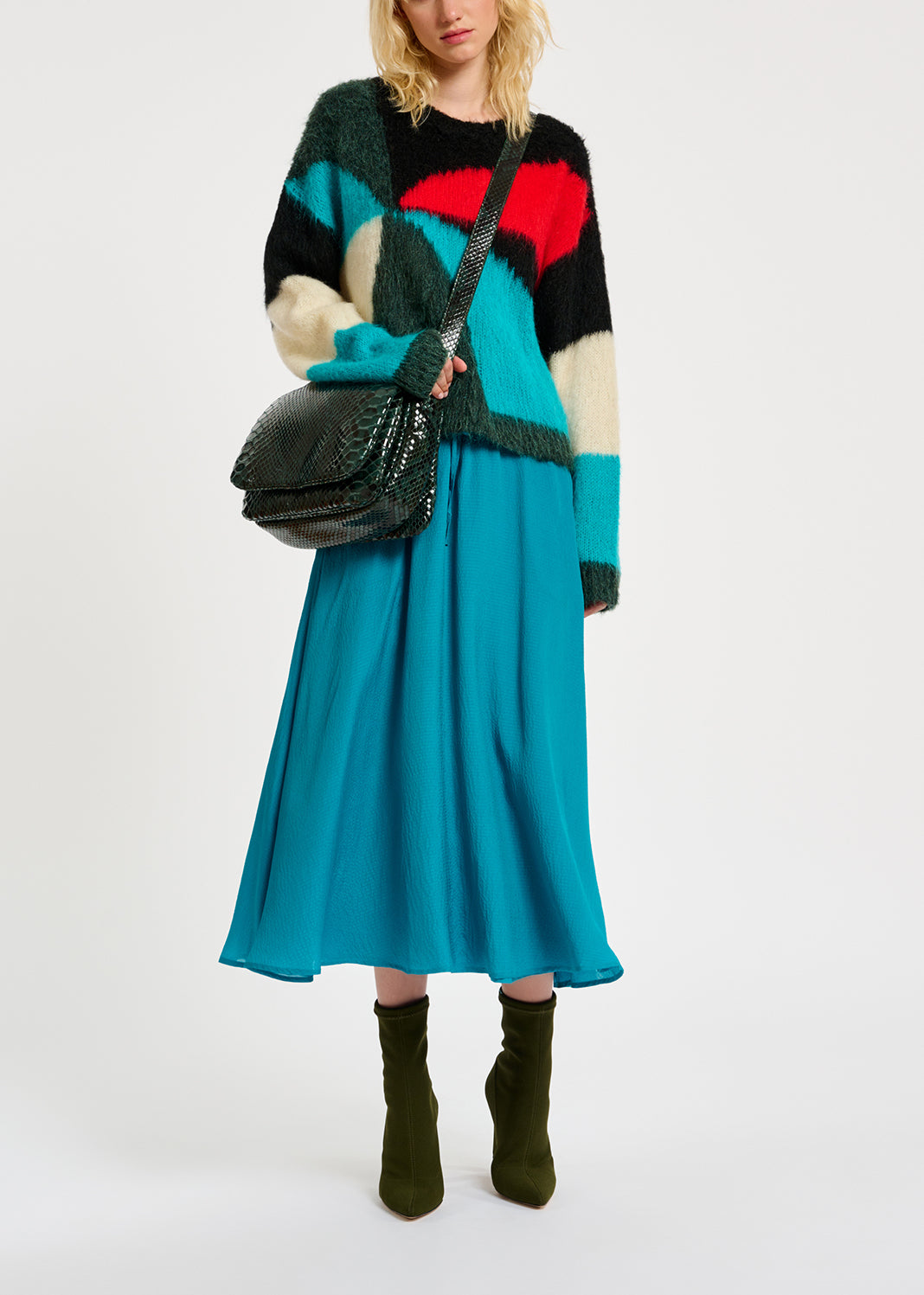 Pull en tricot intarsia vert foncé, bleu et rouge RE—SSENTIEL | Essentiel second hand