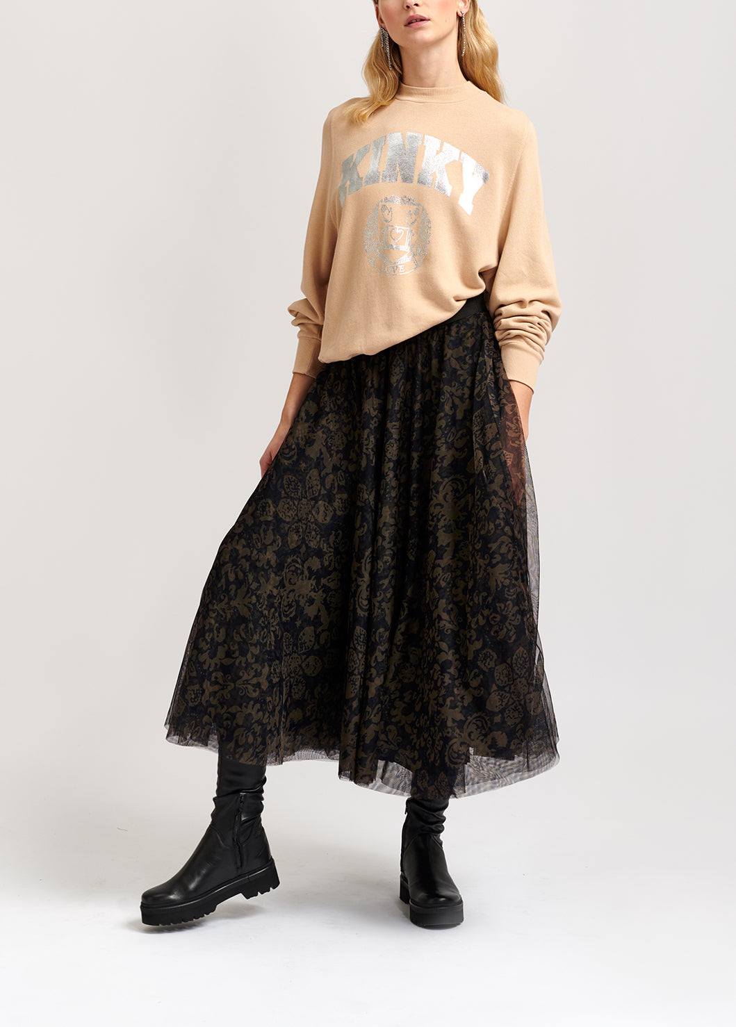 Jupe midi tulle noire et vert kaki à imprimé brocart RE—SSENTIEL | Essentiel second hand