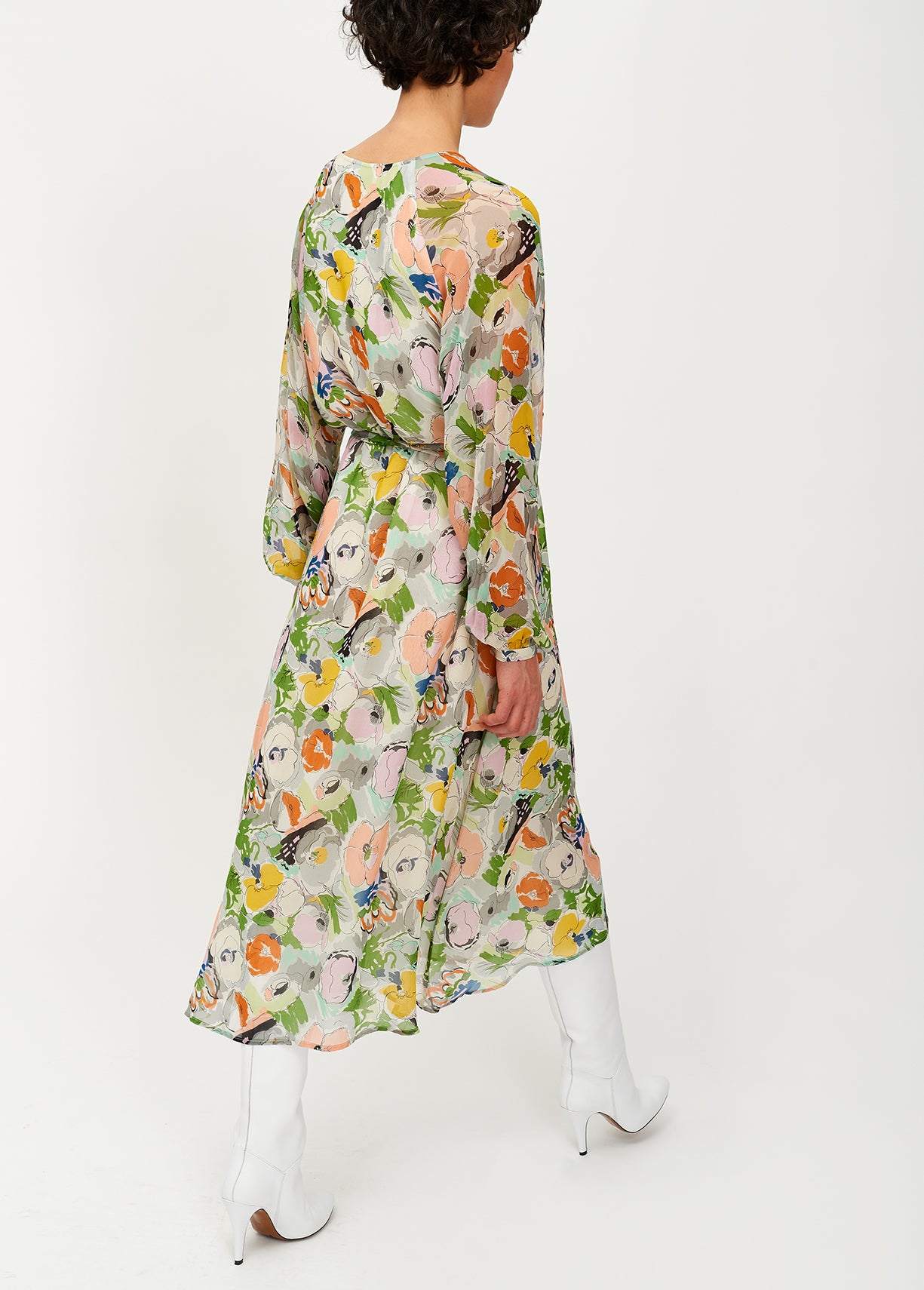 A-lijnjurk met meerkleurige bloemenprint en transparante mouwen RE—SSENTIEL | Essentiel second hand