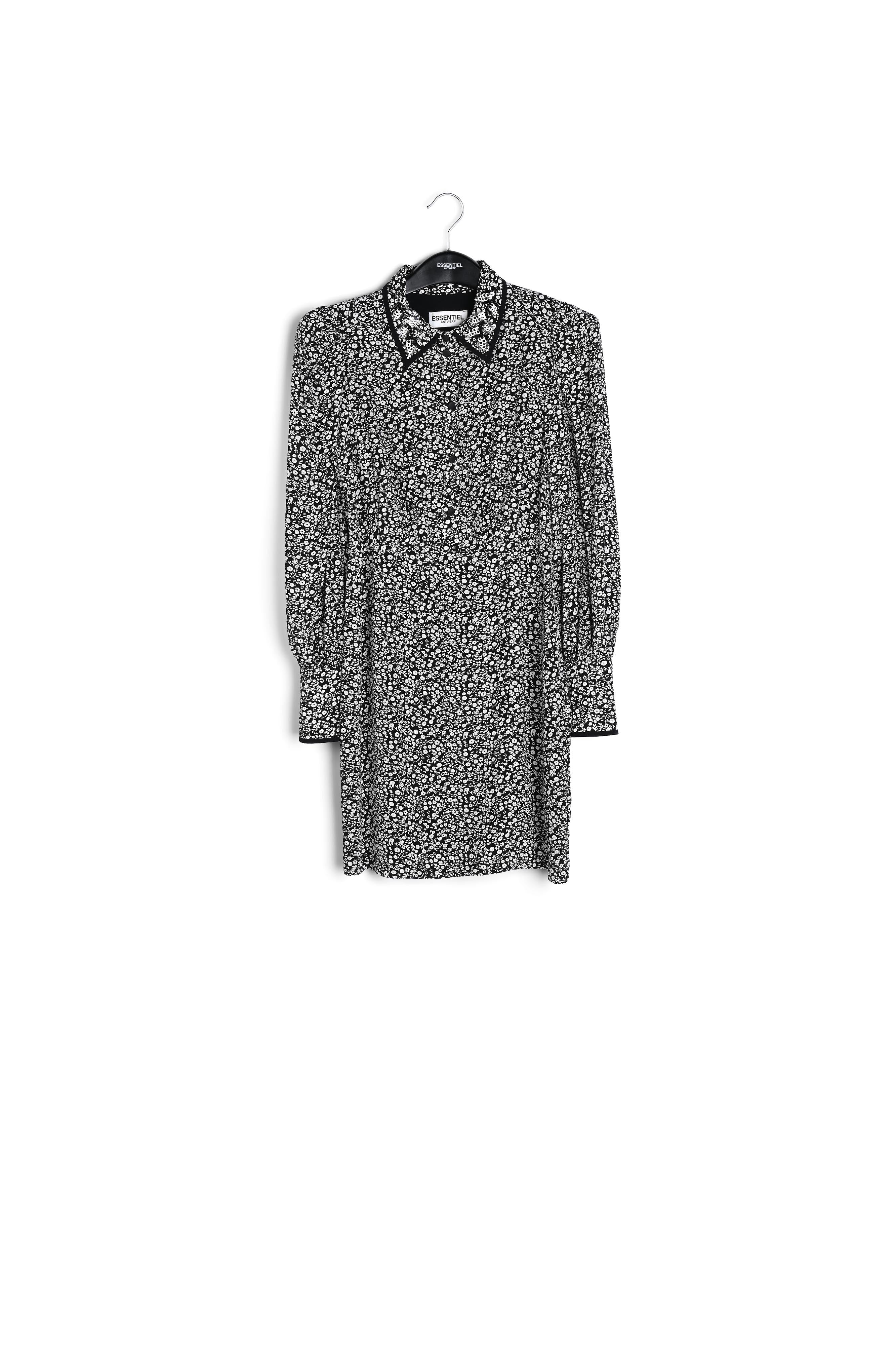 Midi-jurk met zwarte en gebroken witte bloemenprint RE—SSENTIEL | Essentiel second hand