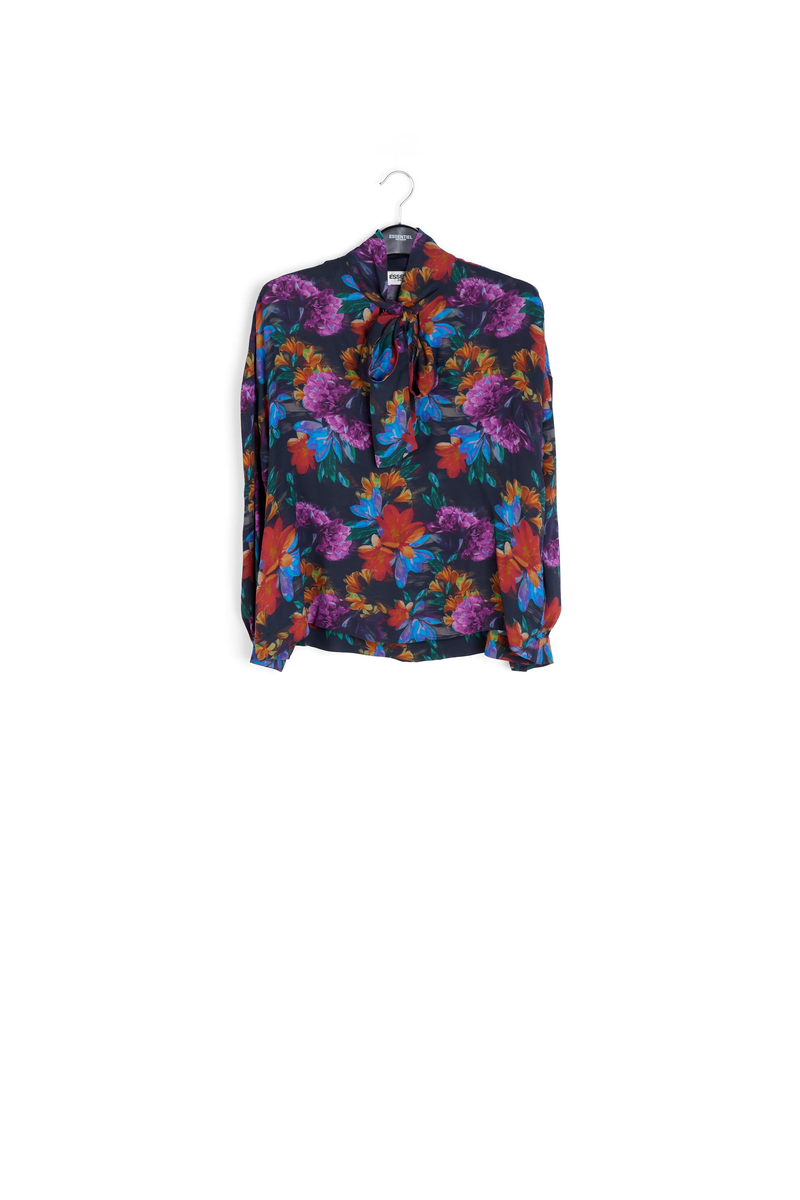 Chemise à col lavallière anthracite, bleue et orange à imprimé fleuri RE—SSENTIEL | Essentiel second hand