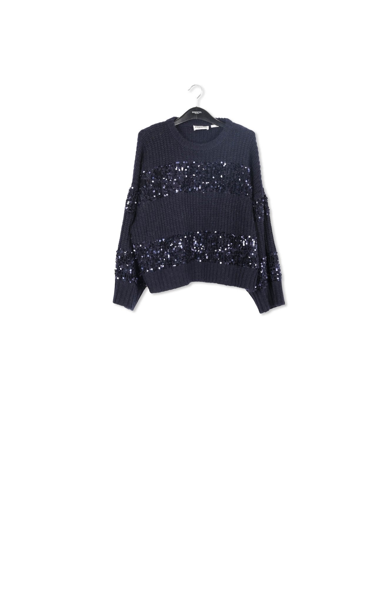 Navy blue knit sweater with sequin-embellished stripes RE—SSENTIEL | Essentiel second hand