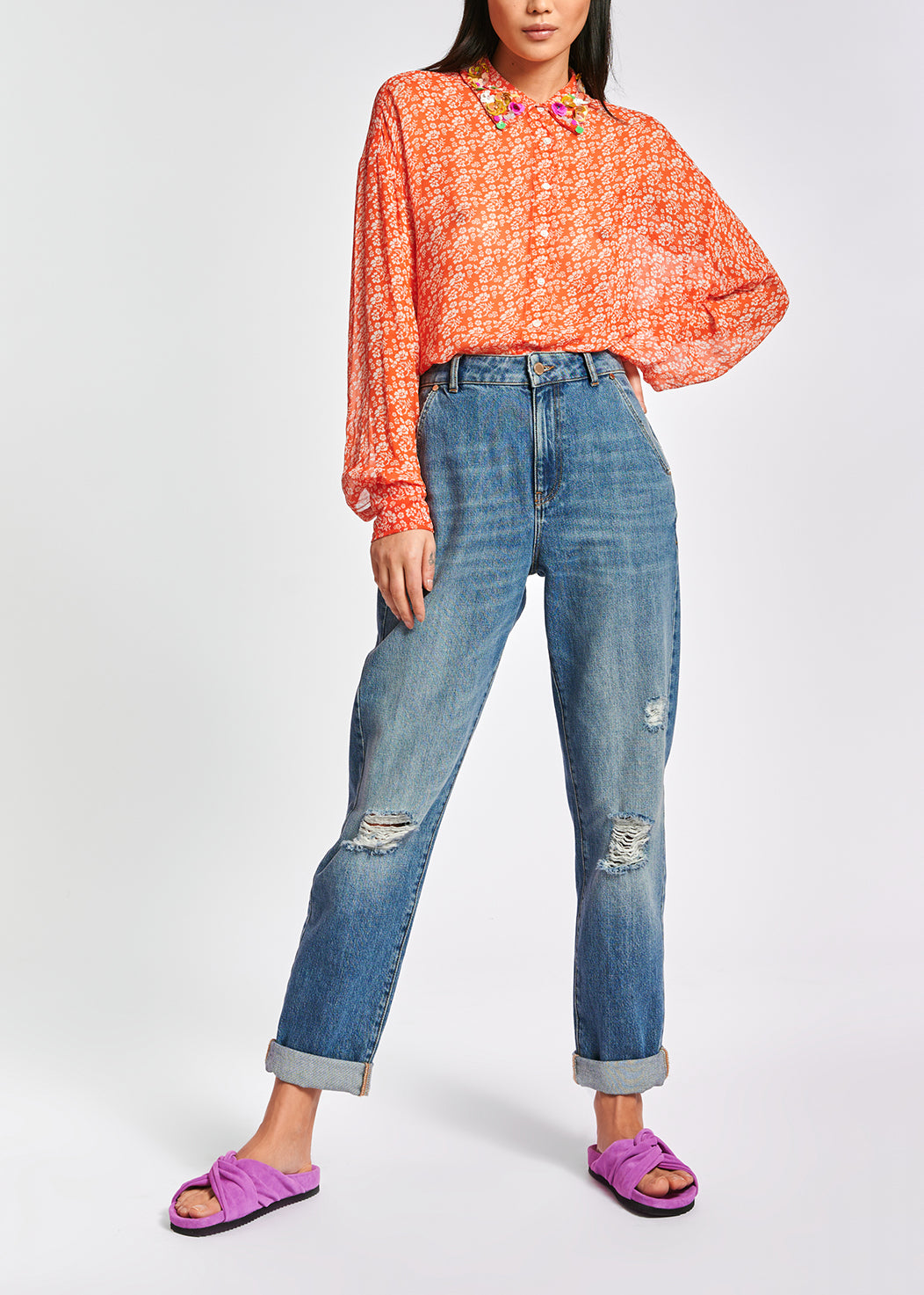 Orange floral-print shirt with sequin collar RE—SSENTIEL | Essentiel second hand
