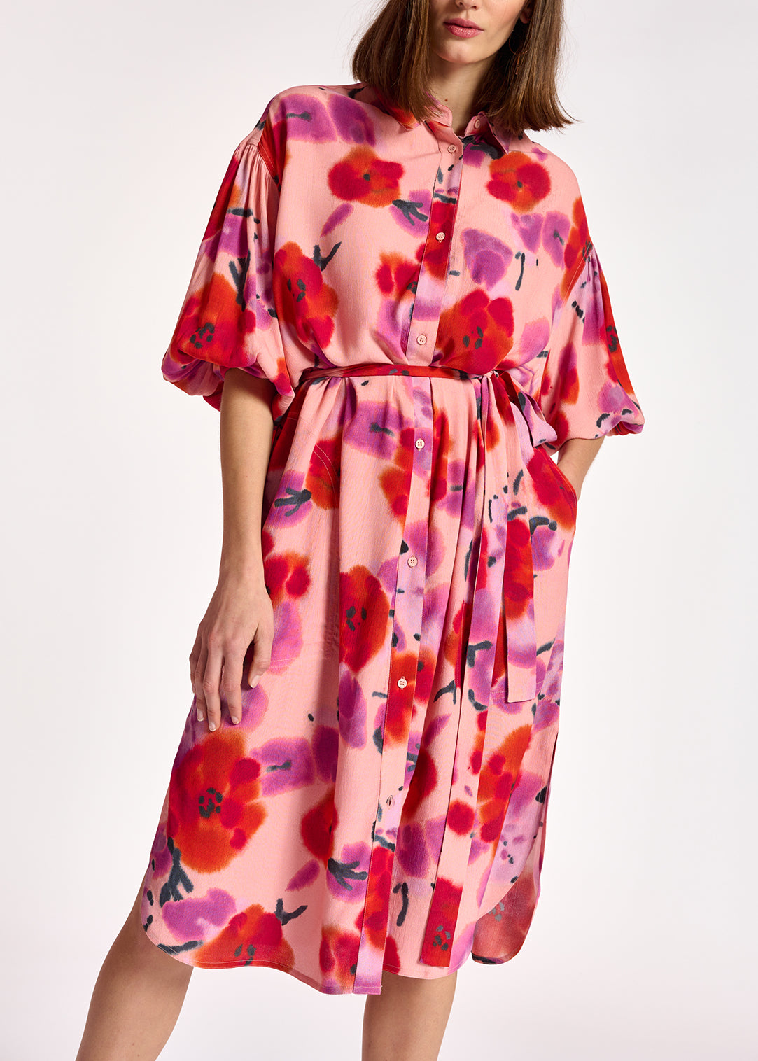 Light pink, red and purple floral-print shirt dress RE—SSENTIEL | Essentiel second hand