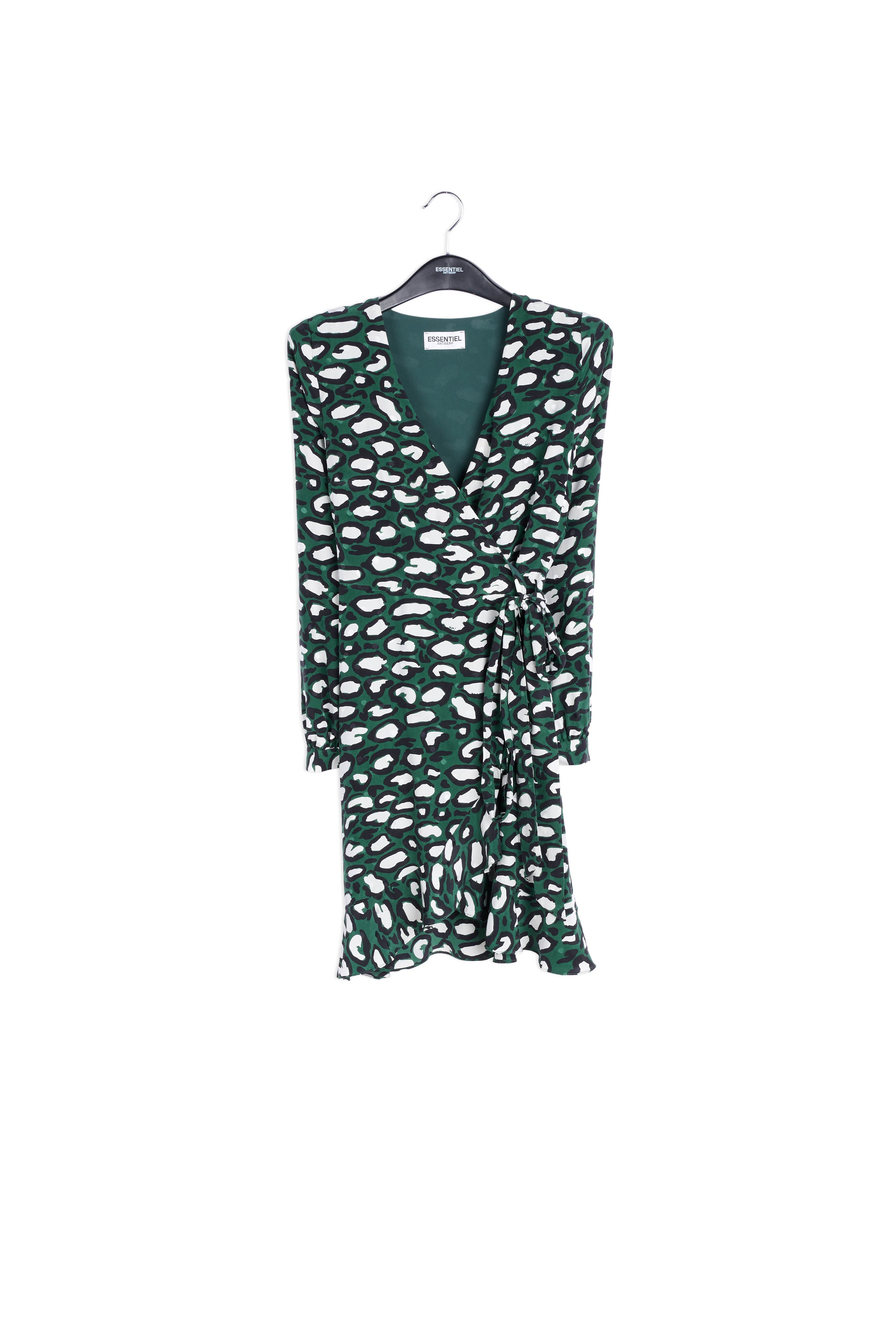 Kakigroene zijden wikkeljurk met luipaardprint RE—SSENTIEL | Essentiel second hand