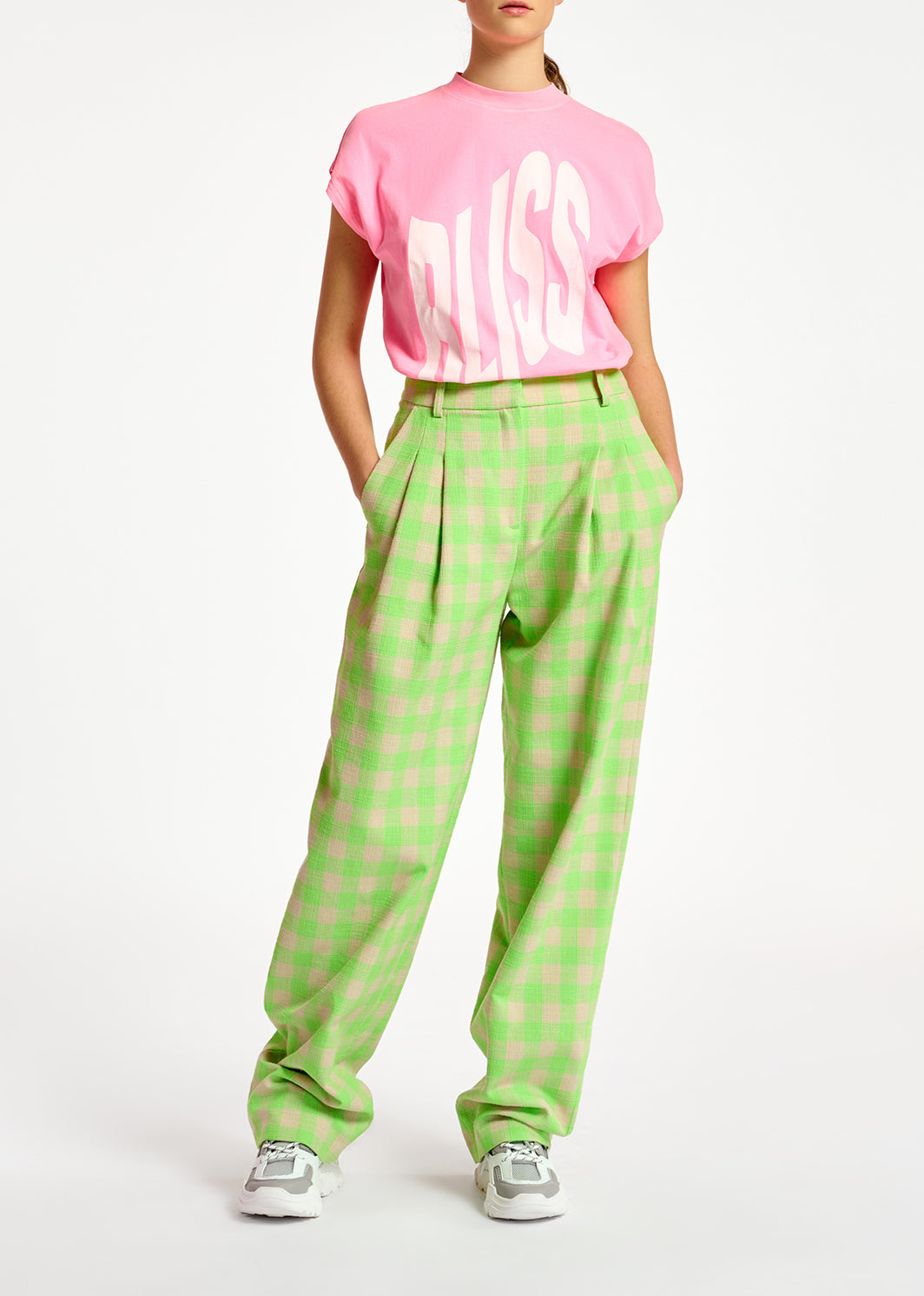 Pantalon vert fluo à  carreaux RE—SSENTIEL | Essentiel second hand