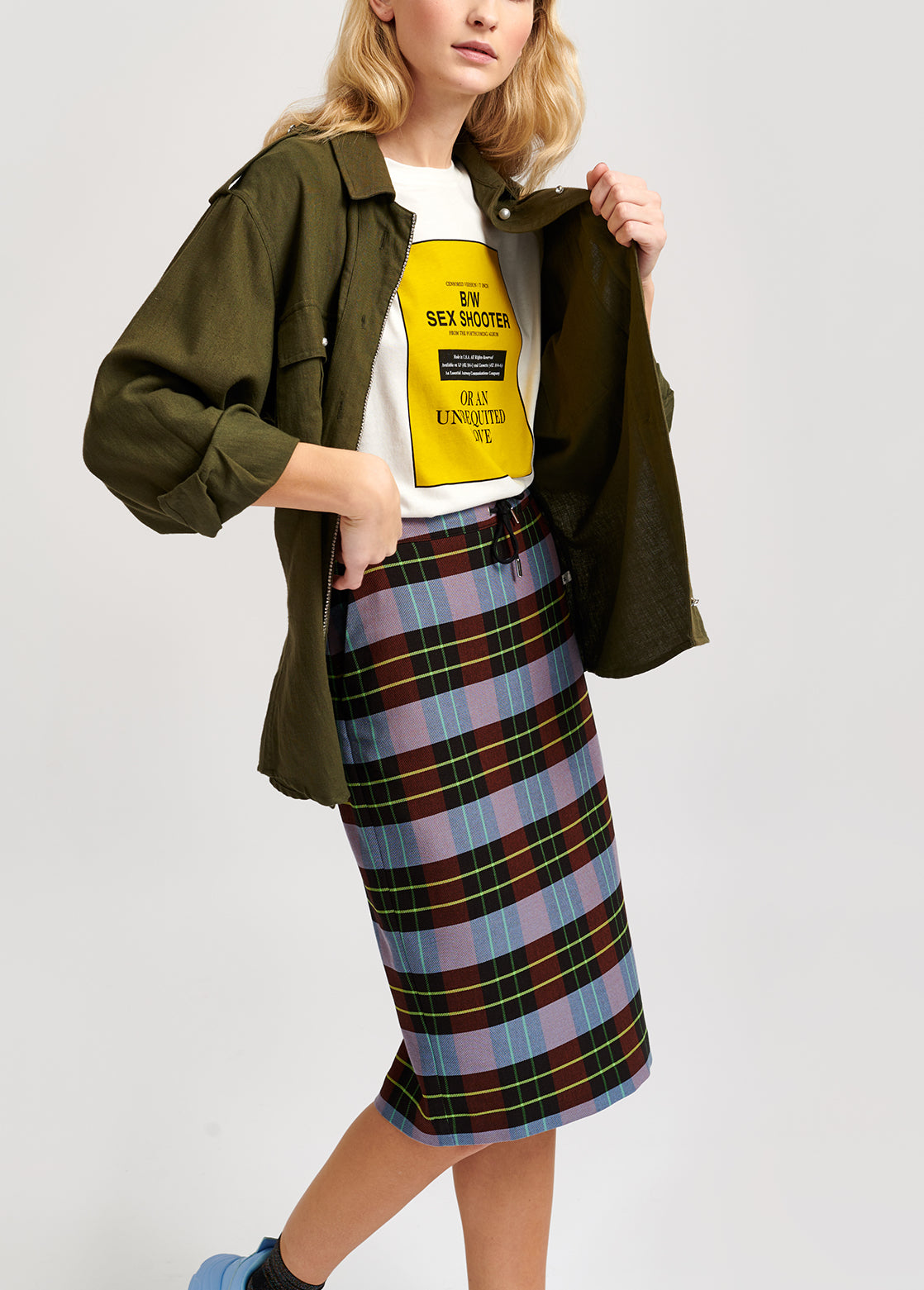 Light blue, burgundy and black plaid midi skirt RE—SSENTIEL | Essentiel second hand